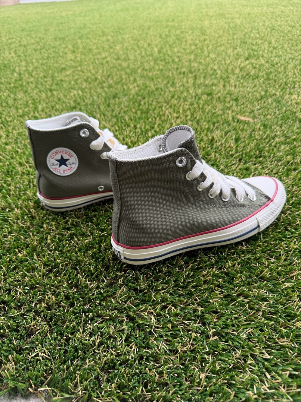 Converse High Top Sneakers in Olive Green with White and Red Accents